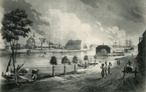 Hamnen med Saltängen i bakgrunden. Efter J. F. Martins kopparstick omkring år 1800. Foto ur Norrköpings stadsarkivs samlingar