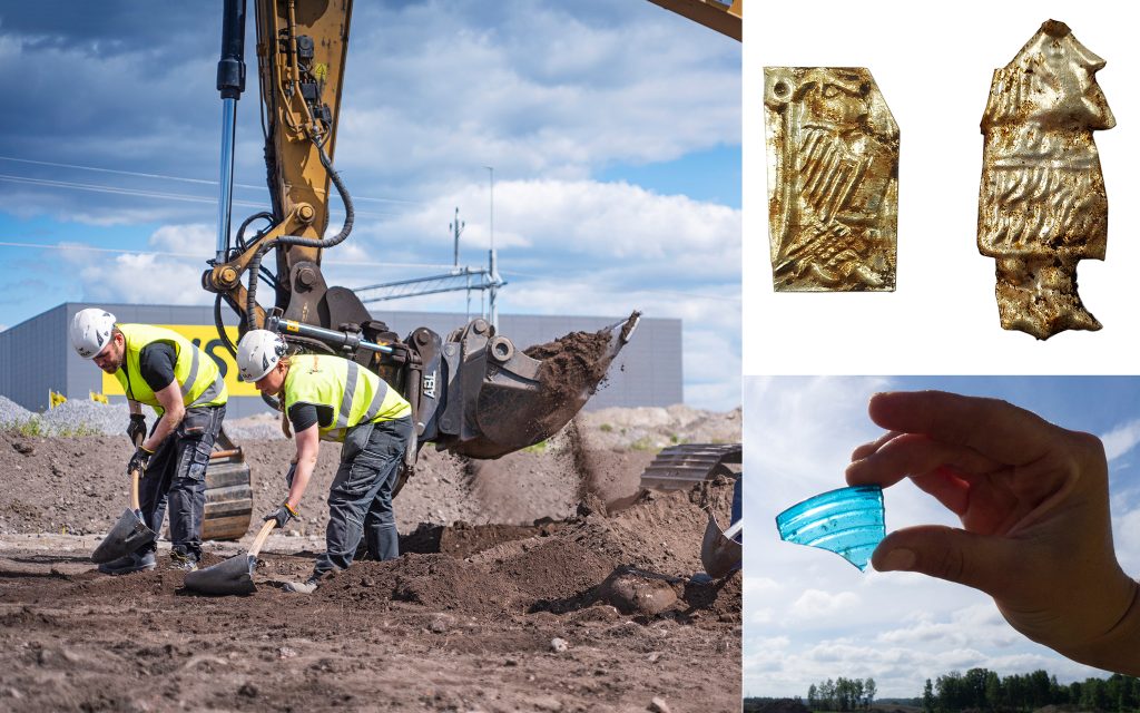 Arkeologer i Ströja samt guldgubbar och glas från en snabelbägare. Foto: Michael Lander och Arkeologikonsult